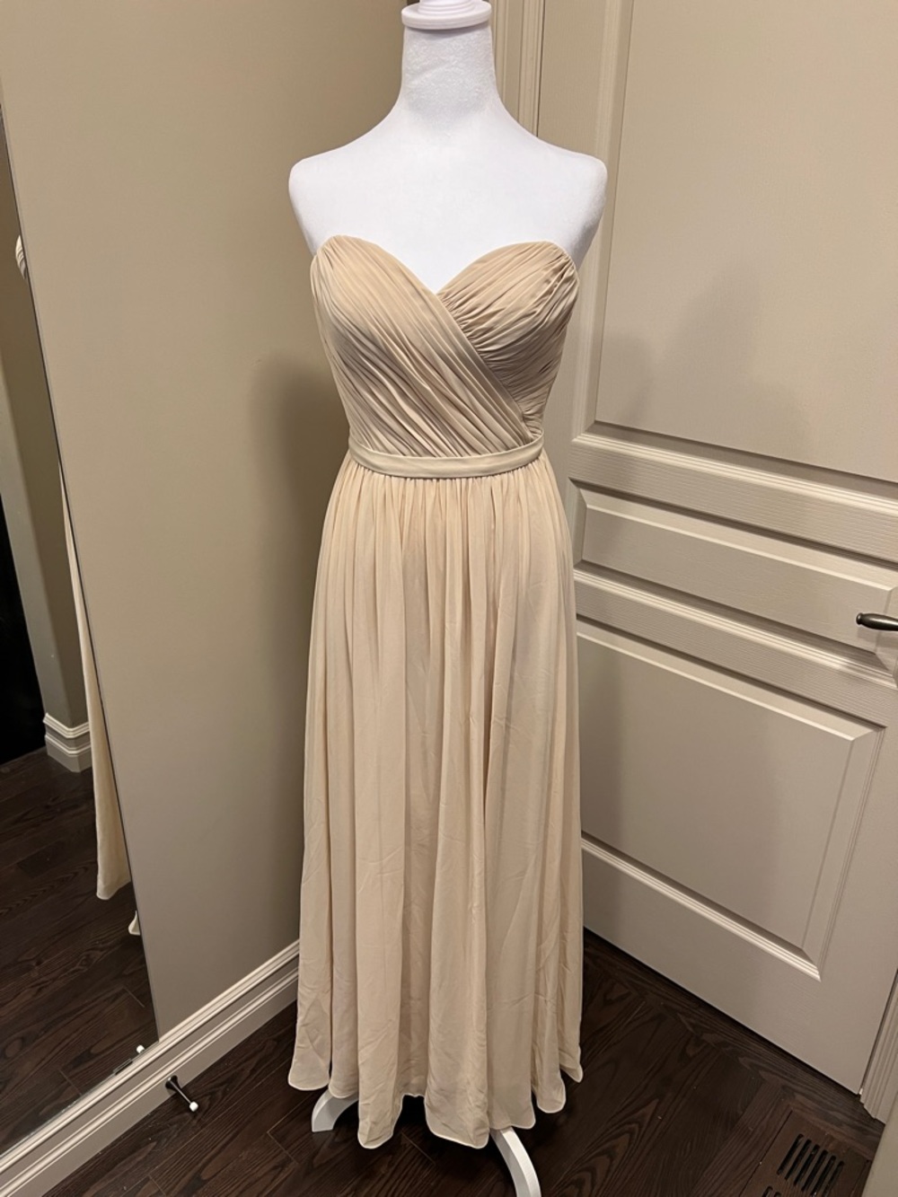 Strapless Pleated Chiffon Maxi Dress in Champagne